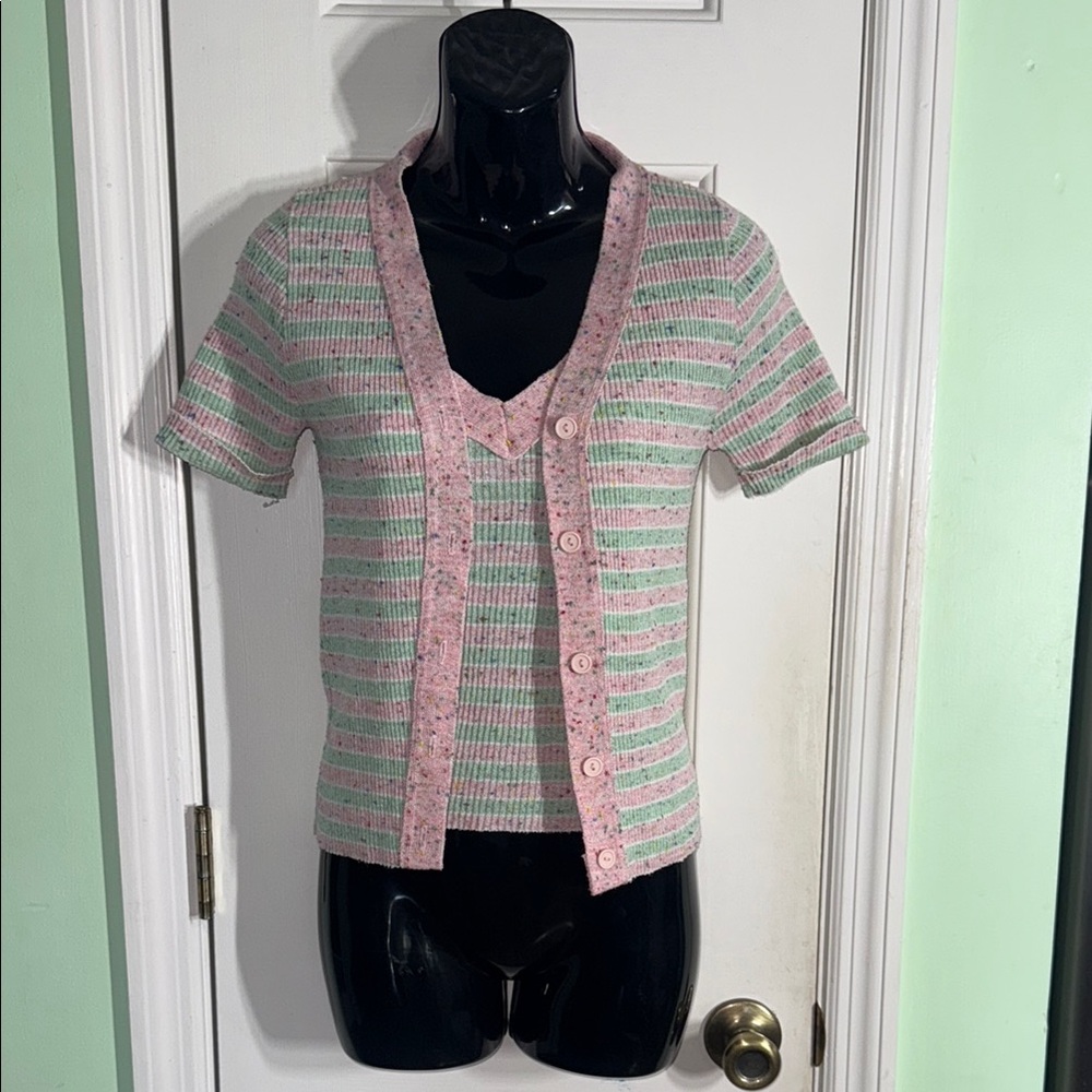 Miss Scotch English Pink &Green Striped Confetti Vintage 70s Cardigan Set Size M